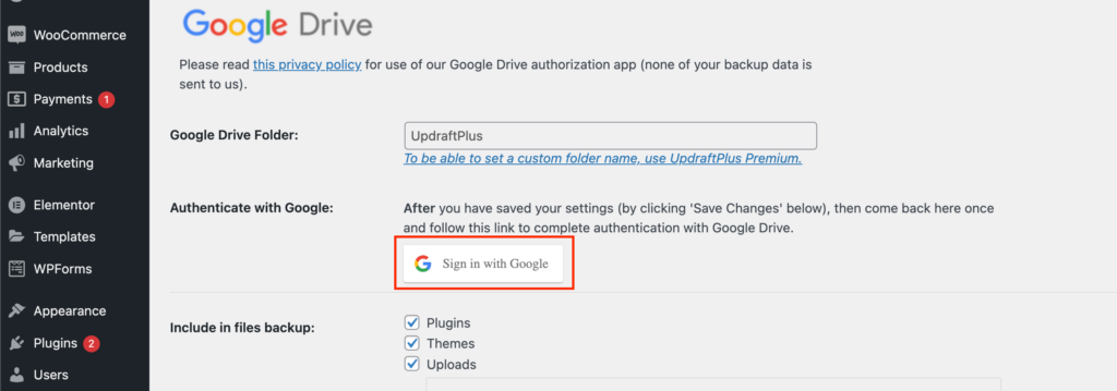 UpdraftPlus Plugin Settings- Google Drive Login for Remote Storage